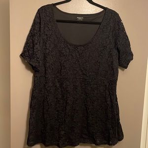 SOLD -Motherhood Maternity Short Sleeve Knit Black Stretch Lace Blouse - Size XL